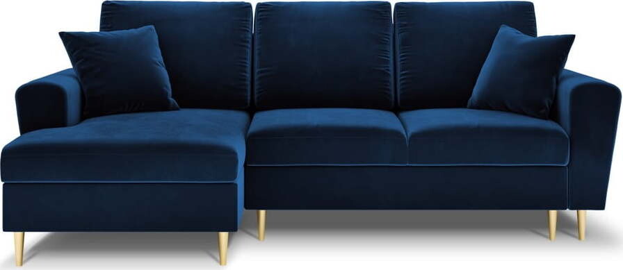 Modrá sametová rozkládací/s úložným prostorem rohová pohovka (levý roh/s lenoškou) Kyoto – Cosmopolitan Design
