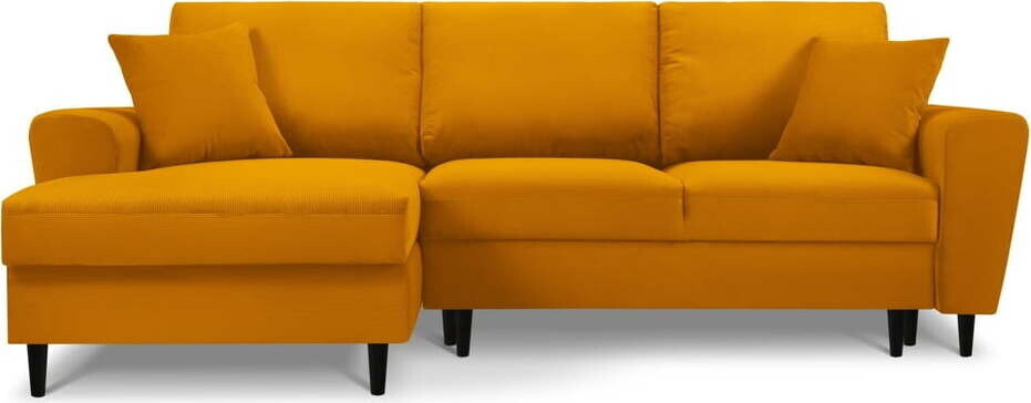 Manšestrová rozkládací/s úložným prostorem rohová pohovka v hořčicové barvě (levý roh/s lenoškou) Kyoto – Cosmopolitan Design