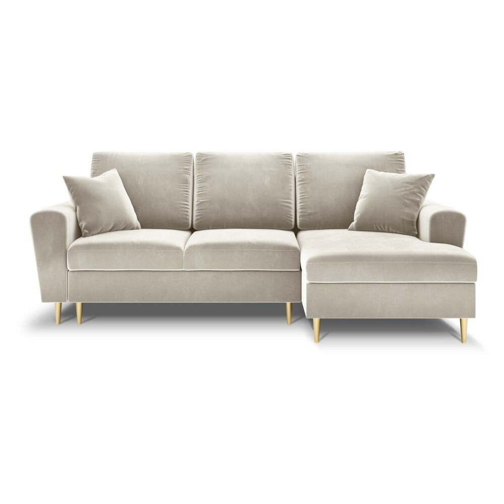 Béžová sametová rozkládací/s úložným prostorem rohová pohovka (pravý roh/s lenoškou) Kyoto – Cosmopolitan Design