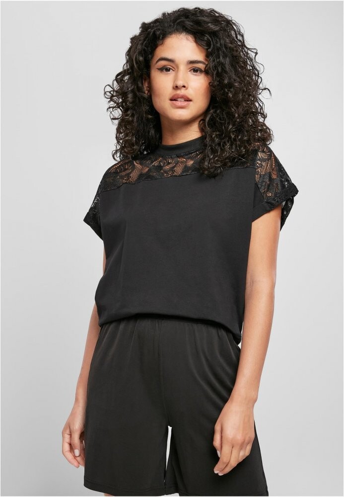 Ladies Short Oversized Lace Tee - black XL