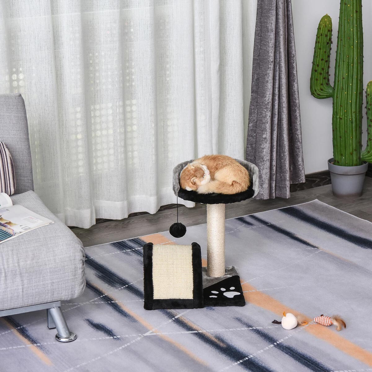 PawHut Škrabadlo pro kočky s míčkem Most, černo-šedé