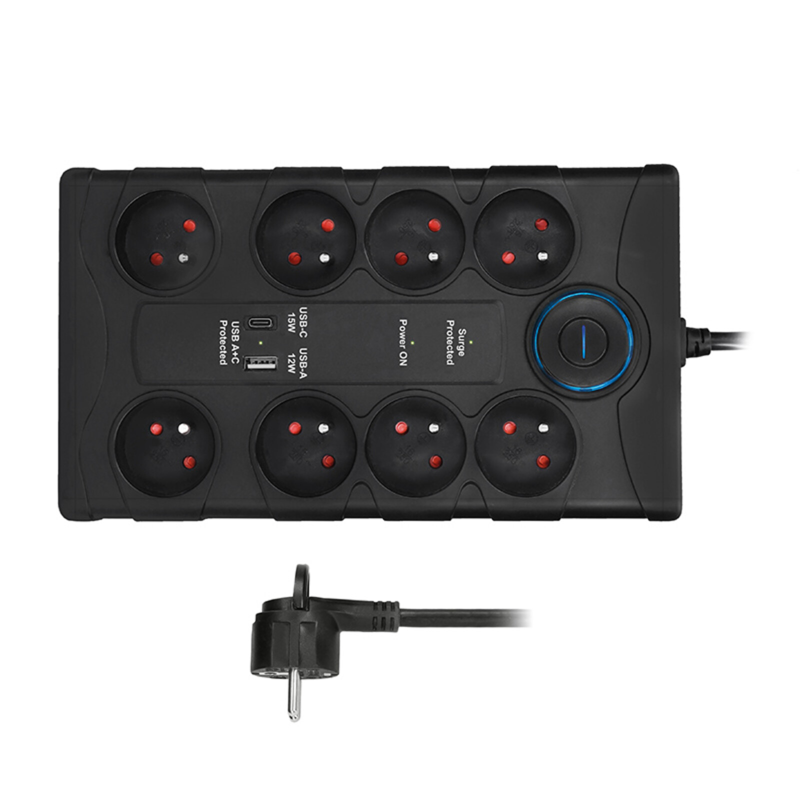 Solight přepěťová ochrana, 8z, USB A+CA, 2m, černá PO80B