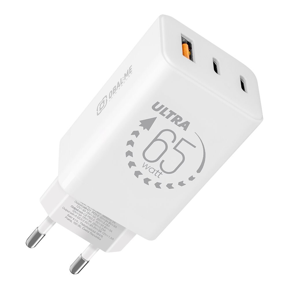 Adaptér OBAL:ME GaN USB-A + 2xUSB-C 65W White