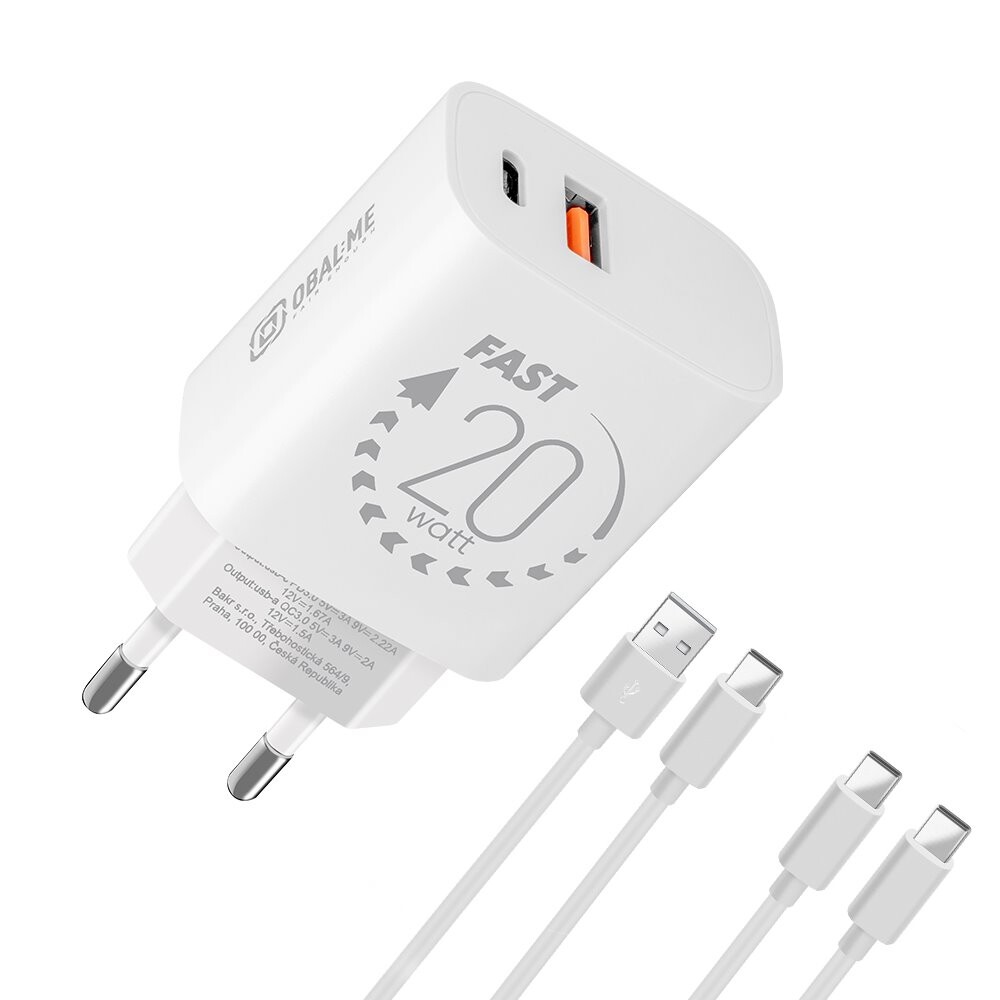 Rychlonabíječka OBAL:ME USB-A + USB-C 20W + 2x kabel 1m White