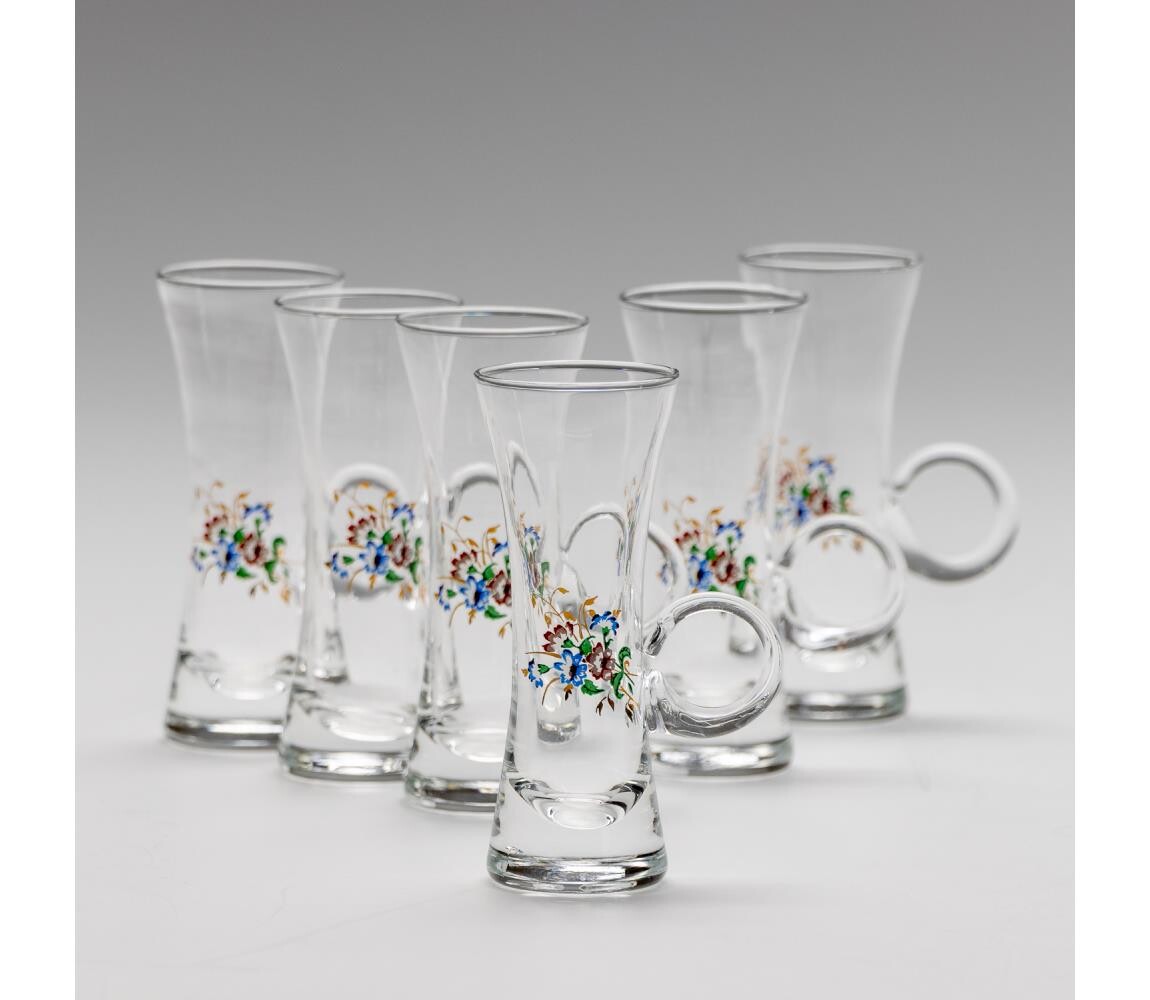 Sada 6x sklenice na likér s uchem čirá s motivem kytice č. 2