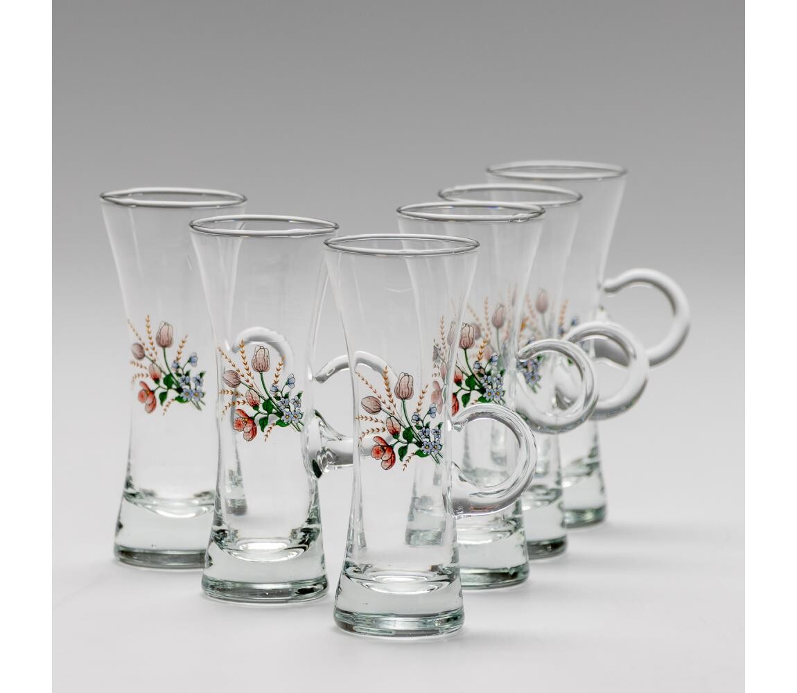 Sada 6x sklenice na likér s uchem čirá s motivem kytice č. 3