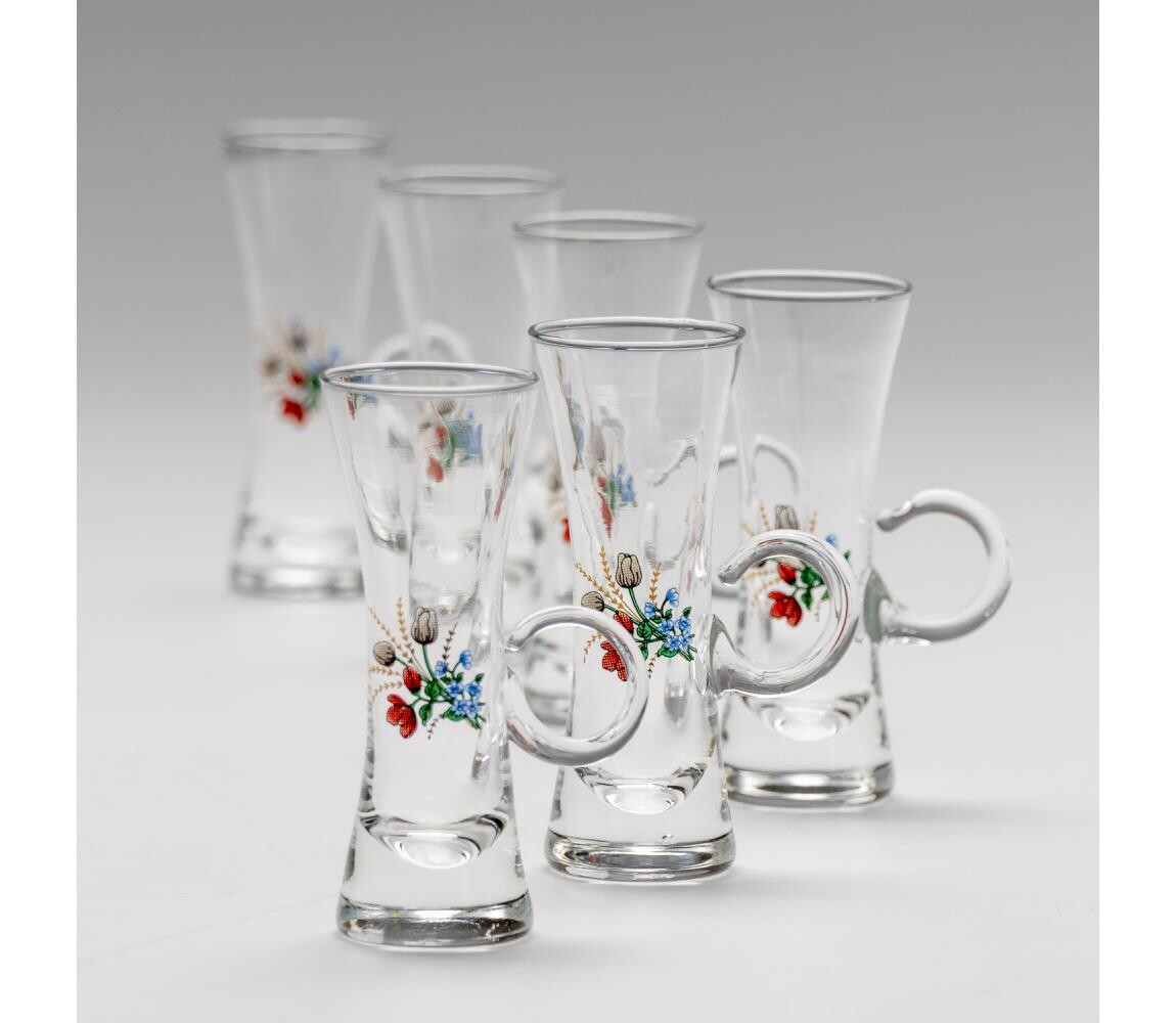 Sada 6x sklenice na likér s uchem čirá s motivem kytice č. 5