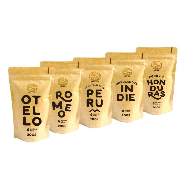 Káva Zlaté Zrnko - Poznej 5 káv na hořké espresso 1000g (Romeo, Otello, Peru, Indie, Honduras)