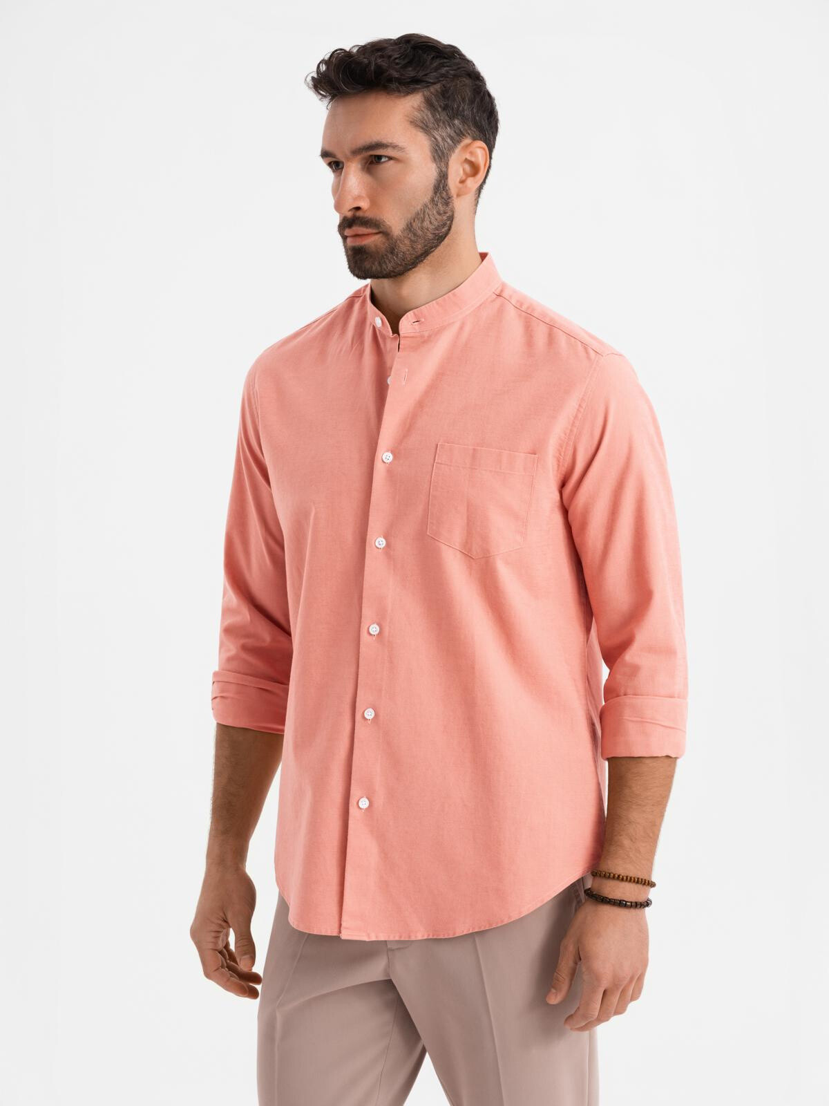 Ombre Men's linen shirt with stand-up collar and pocket REGULAR FIT - pink