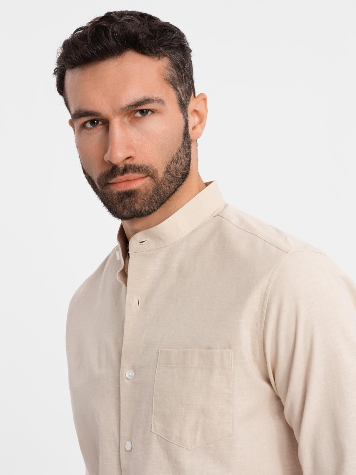 Ombre Men's linen shirt with collar and pocket REGULAR FIT - cream