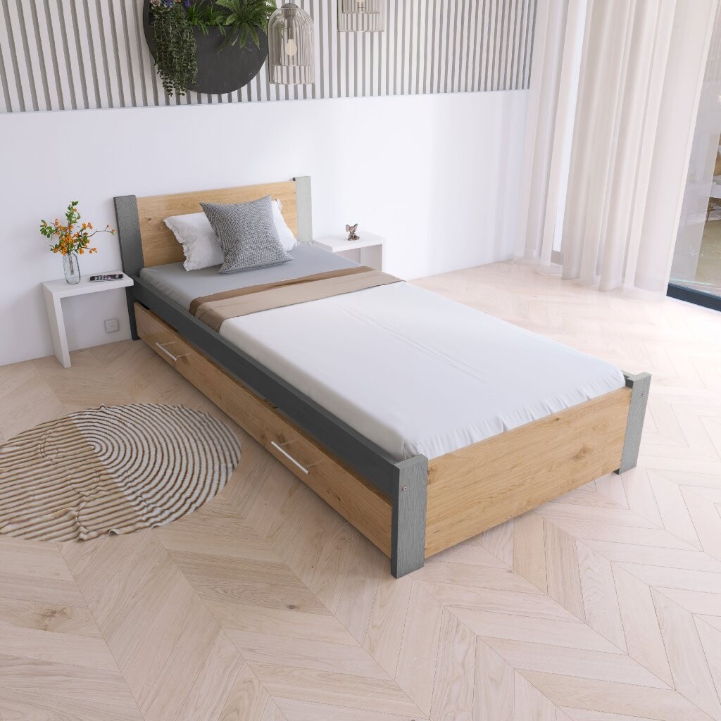 Maxi Postel z masivu Iris 90x200 cm, ŠEDÁ/Dub Artisan- 2. jakost