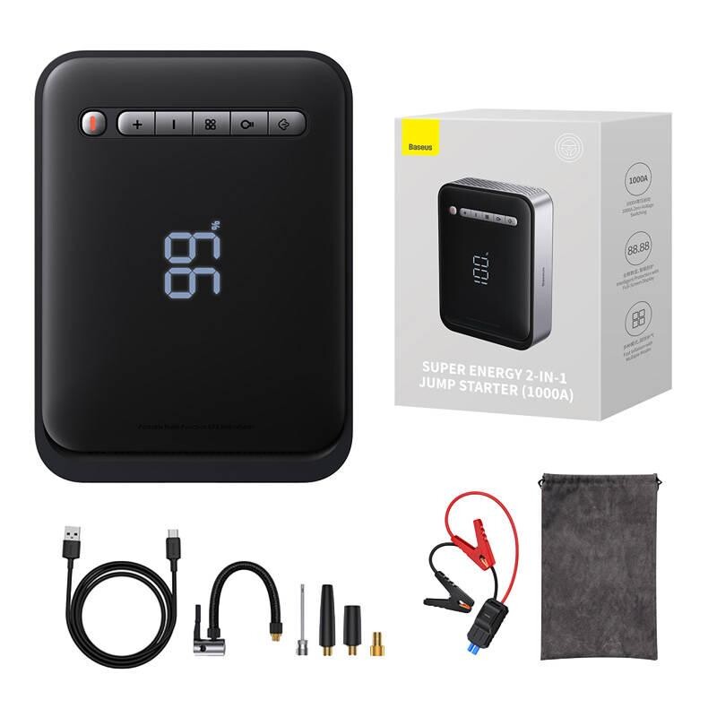 Powerbanka / startér + kompresor 2 v 1 Baseus Super Energy Car Jump Starter, 8000mAh, 1000A USB (černá) 037272