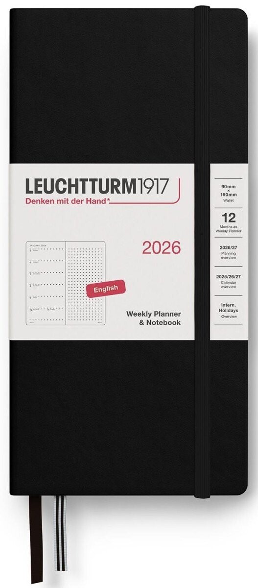 Weekly Planner & Notebook 2026 Wallet (B6+ x A6) Black - tečkovaný