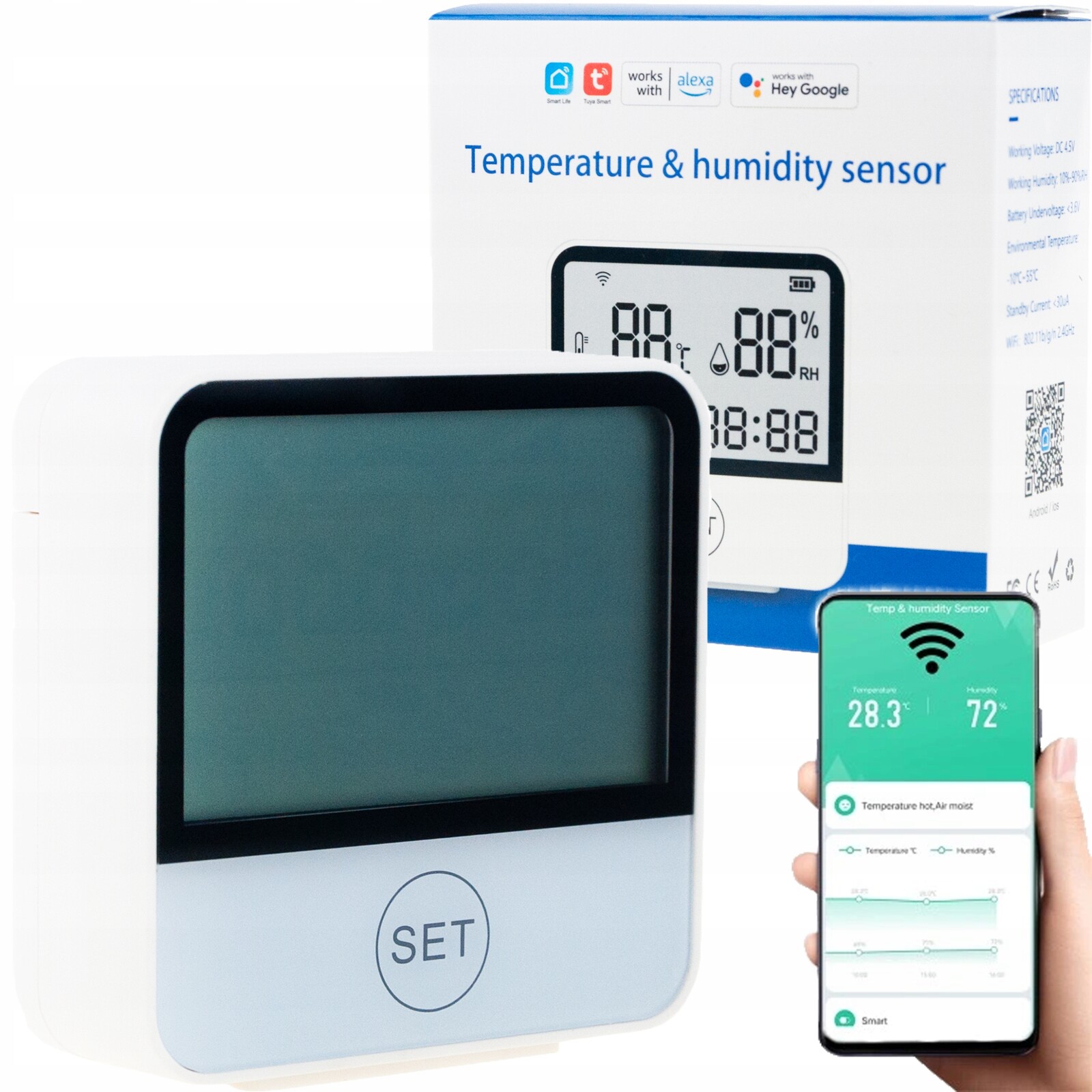 Teploměr Meteorologická Stanice Bezdrátová Vlhkoměr Wifi Hodiny Tuya