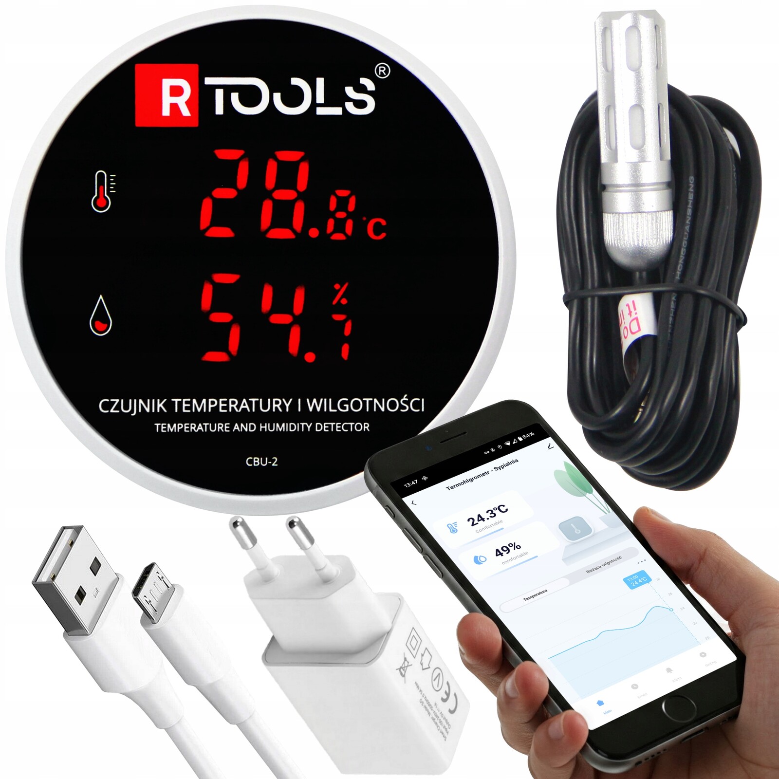 Termohygrometr Měřič Vlhkosti s WiFi 3 m App Tuya SmartLife -40 +120°C