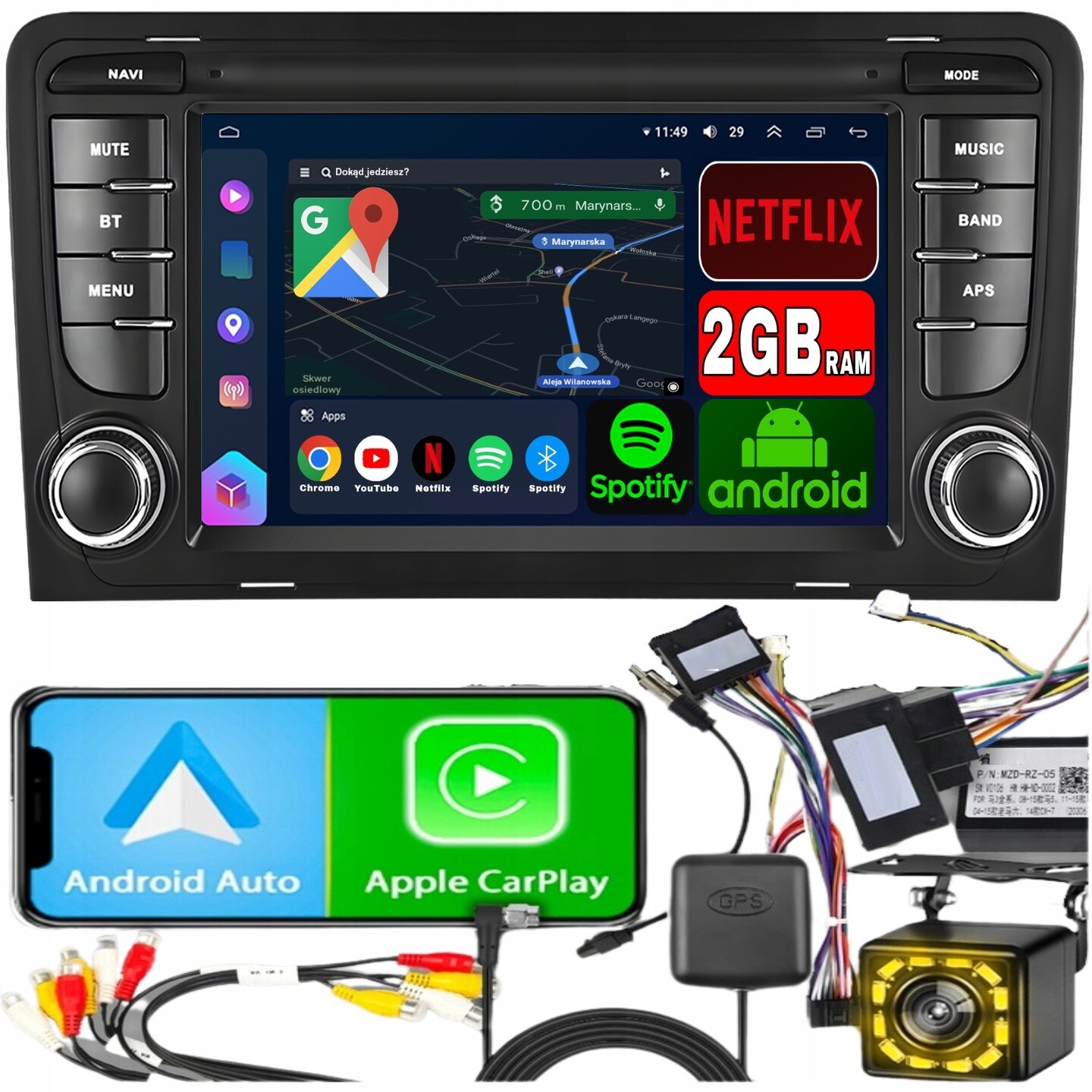 Automobilové Rádio pro Audi A3 Android Carplay Gps Wifi Rds Navigace 2GB Ram