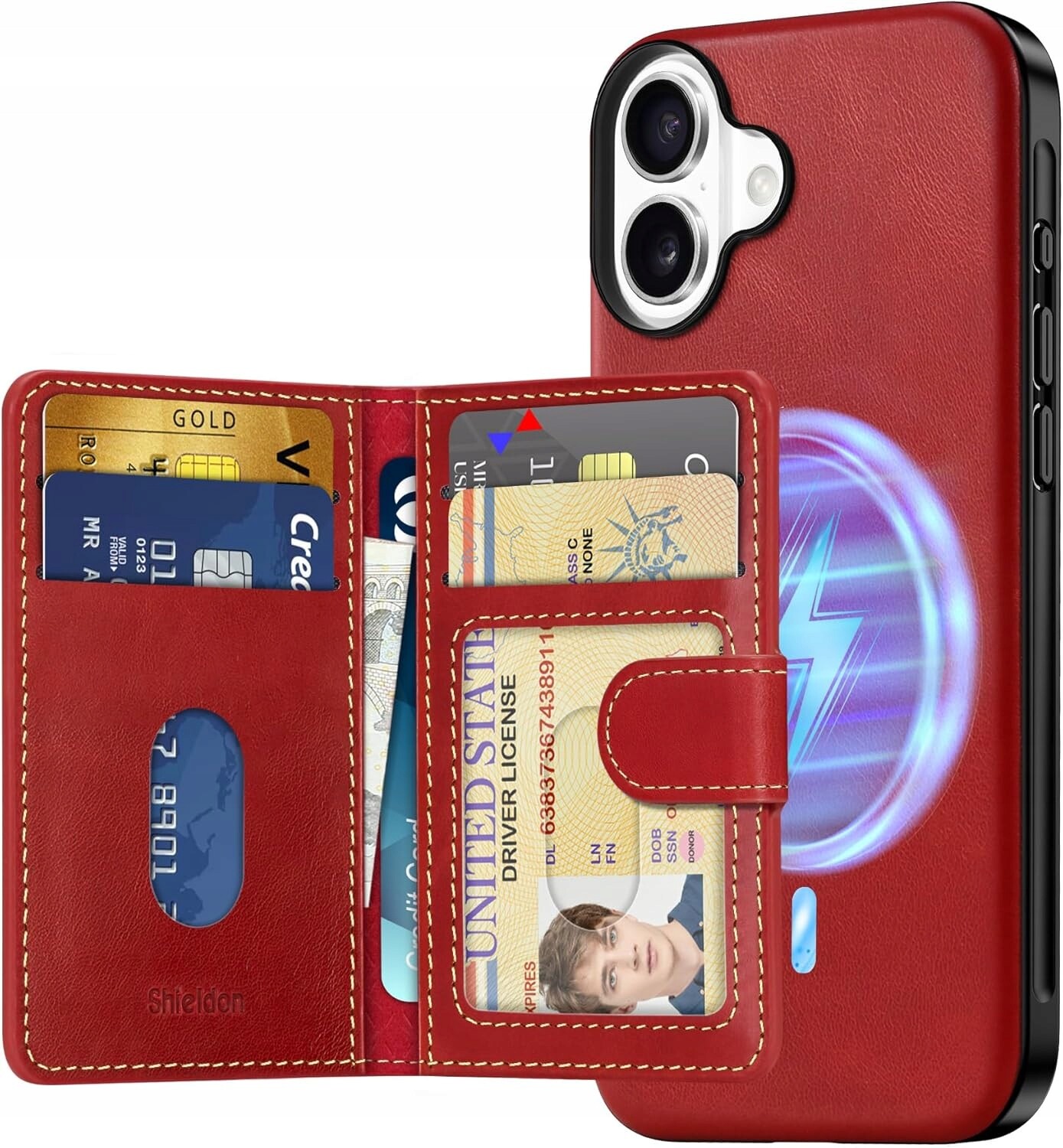 Shieldon přírodní pouzdro pro iPhone 16 Plus peněženka magsafe červená
