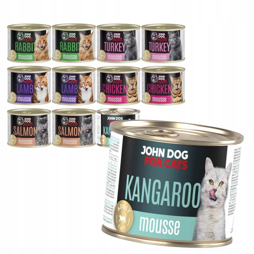 John Dog For Cats 12x200g Vlhké Krmivo Mus pro dospělé kočky Mix 6 příchutí
