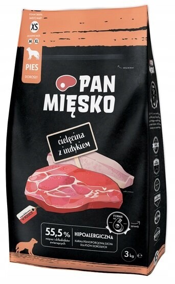 Pan Mięsko Krmivo suché pro psa telecí a krůta křupky Xs 3 kg
