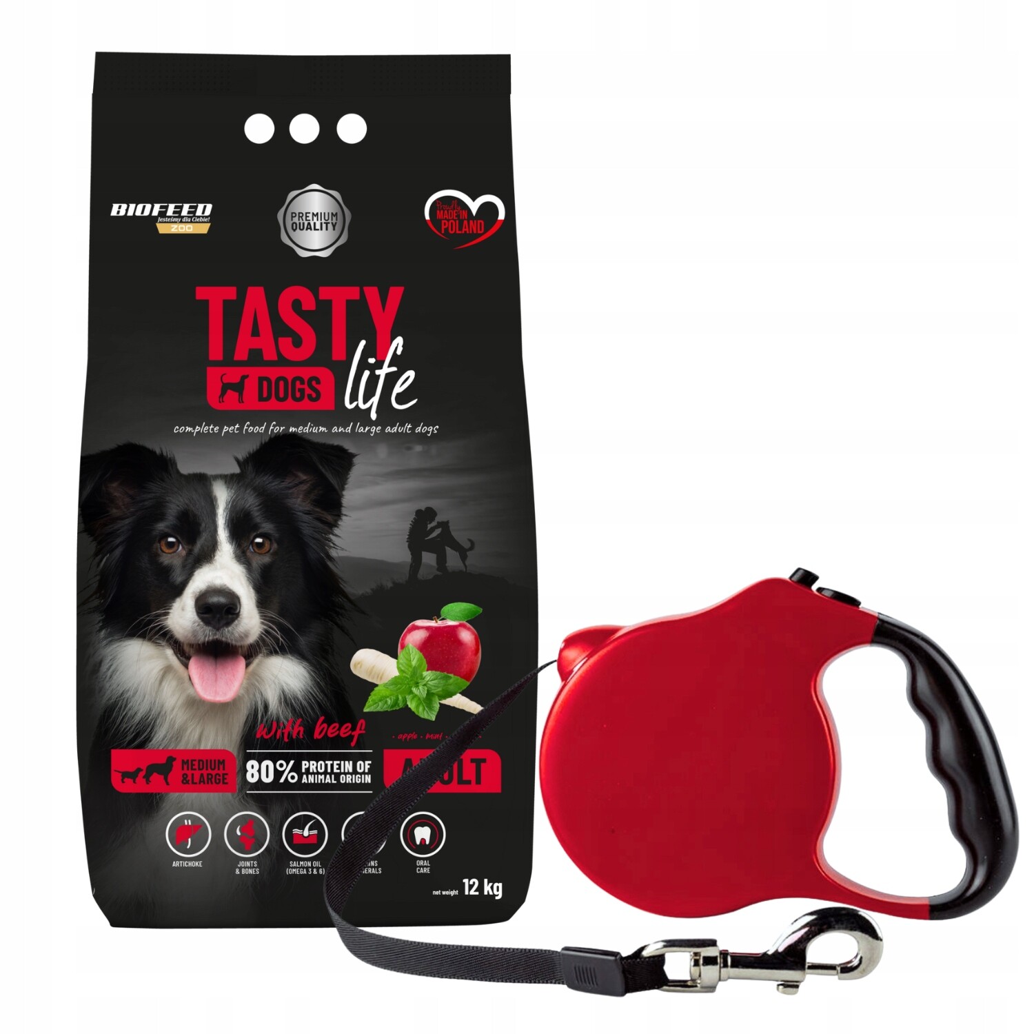 Tasty Dogs Life krmivo pro velkého psa s hovězím masem 12 kg vodítko M Bonus