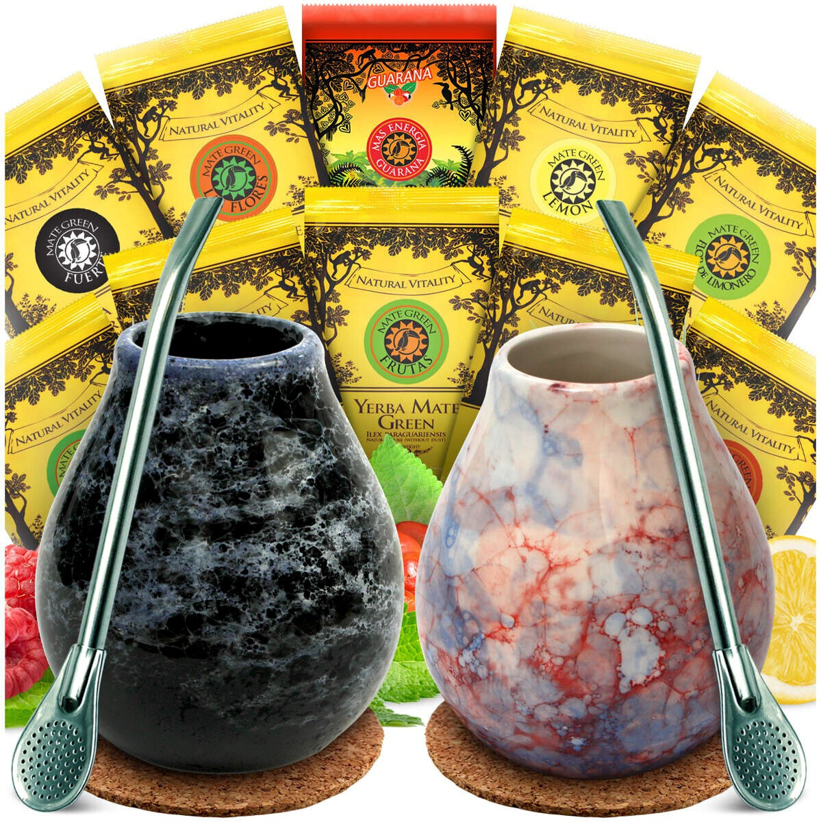 Yerba Mate Green Ovocná sada Tykev Bombila pro dva MIX příchutí 10x50g