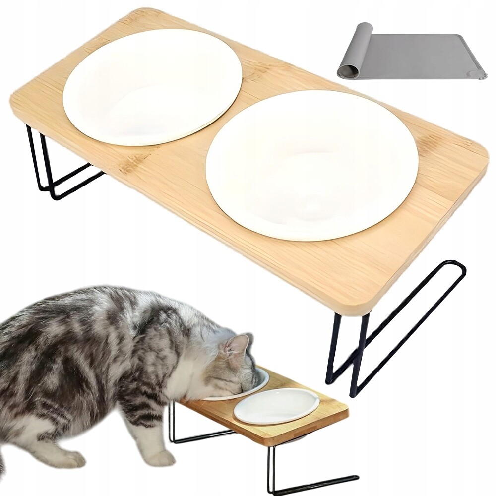 Miska pro zvířata s silikonovou podložkou a dřevěným stojanem