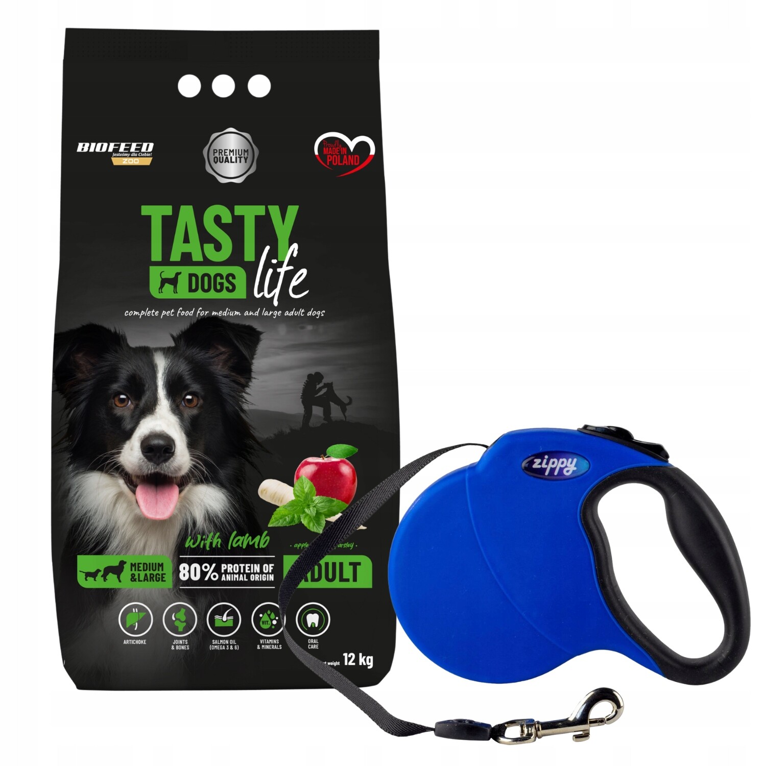 Tasty Dogs Life krmivo pro velkého psa jehněčí 12 kg vodítko L/XL Bonus