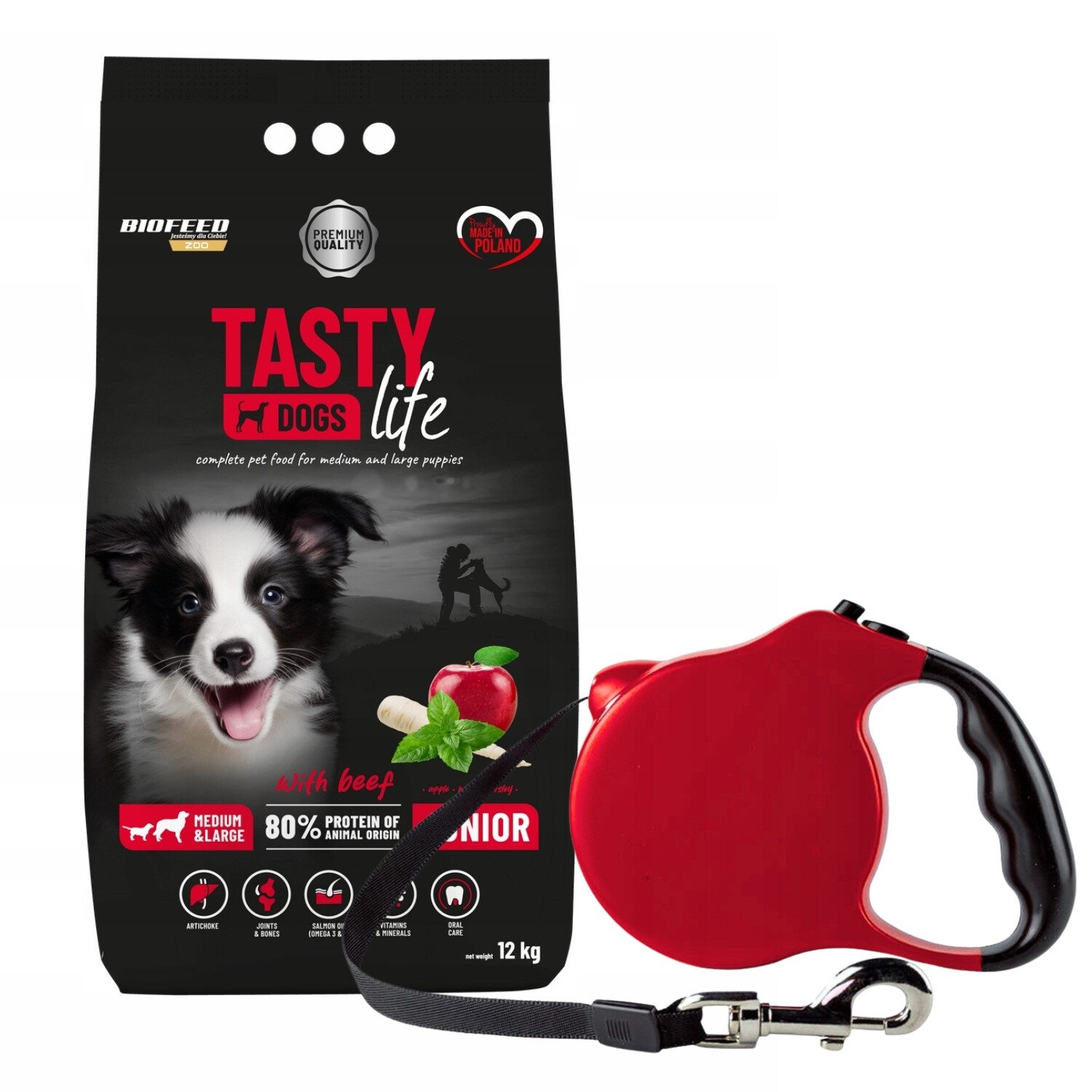 Tasty Dogs Life Junior krmivo pro psy mini s hovězím masem 12 kg vodítko Xs Bonus