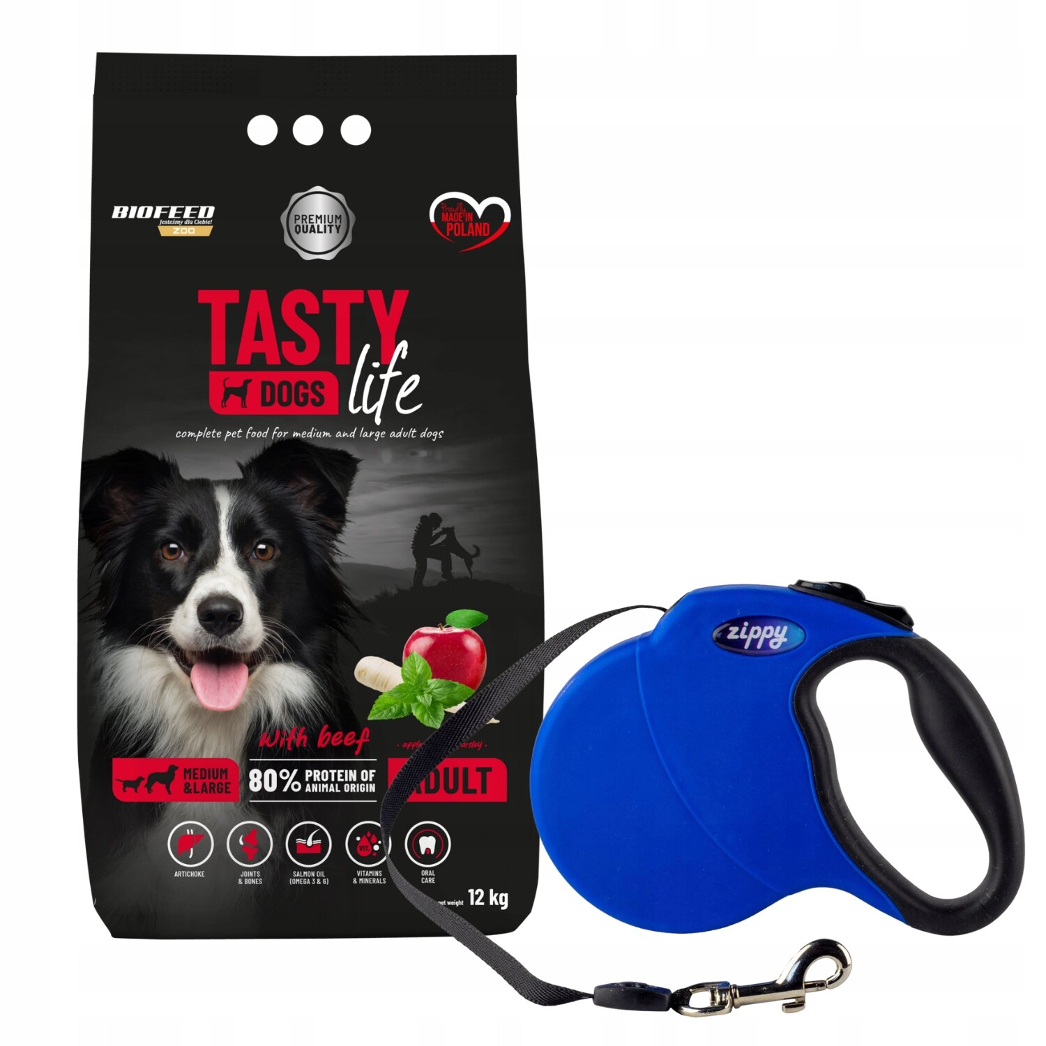 Tasty Dogs Life krmivo pro velkého psa s hovězím masem 12 kg vodítko L/XL Bonus