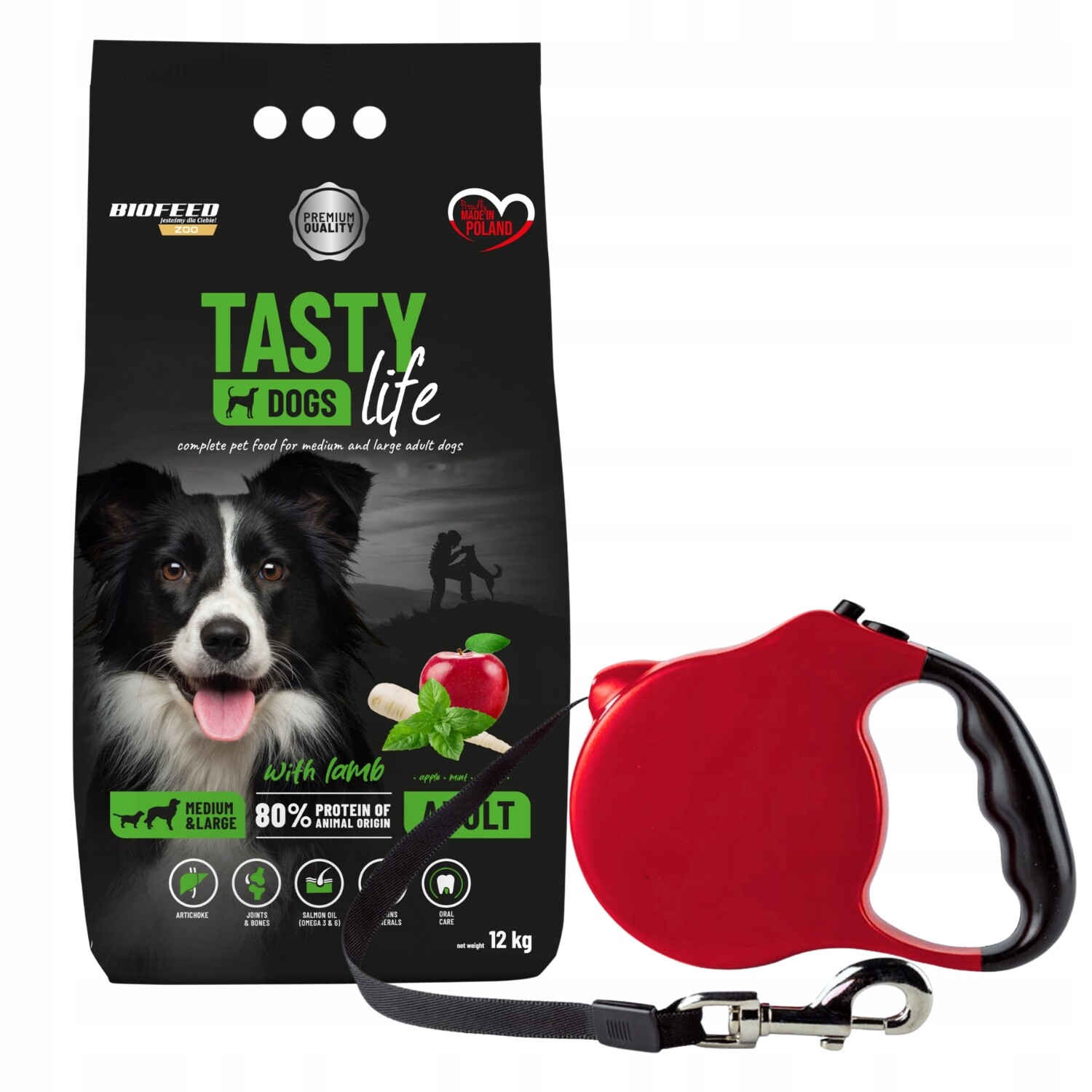 Tasty Dogs Life krmivo pro velkého psa jehněčí 12 kg vodítko M Bonus