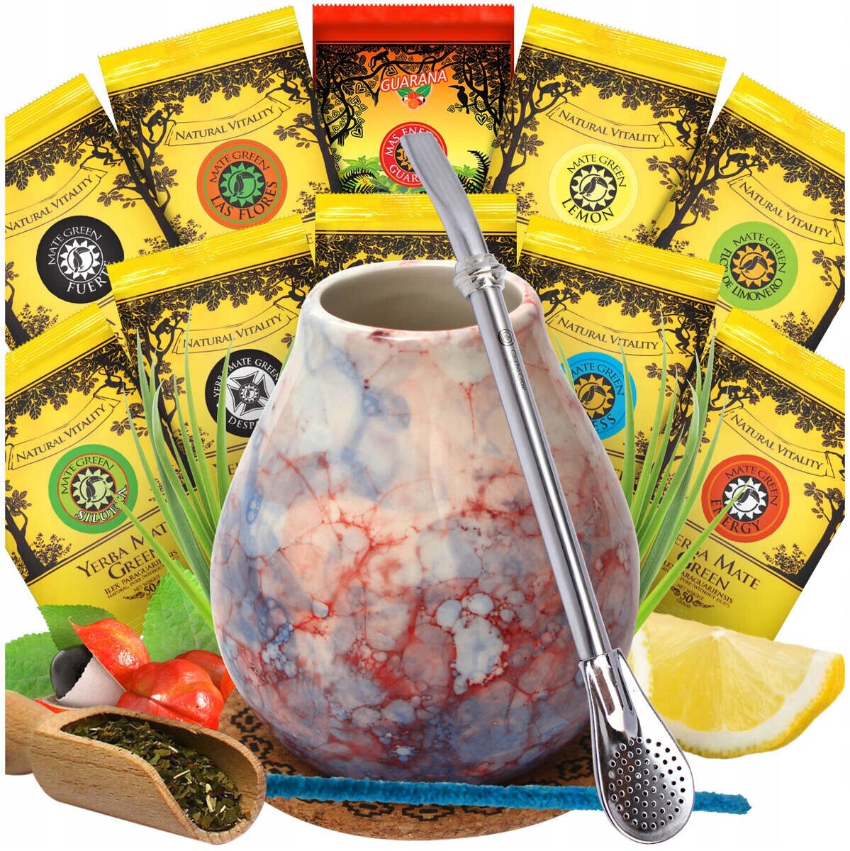 Yerba Mate Green Sada ovocných příchutí Tykev Bombila 10x50g Nabierka