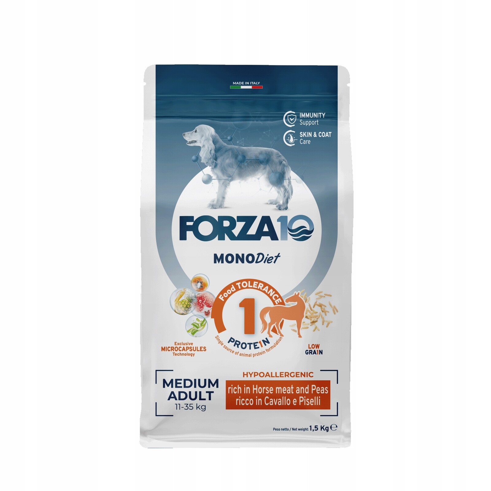 Forza10 Medium MonoDiet bohatá na koně s hrachem pro psa o hmotnosti 1,5 kg