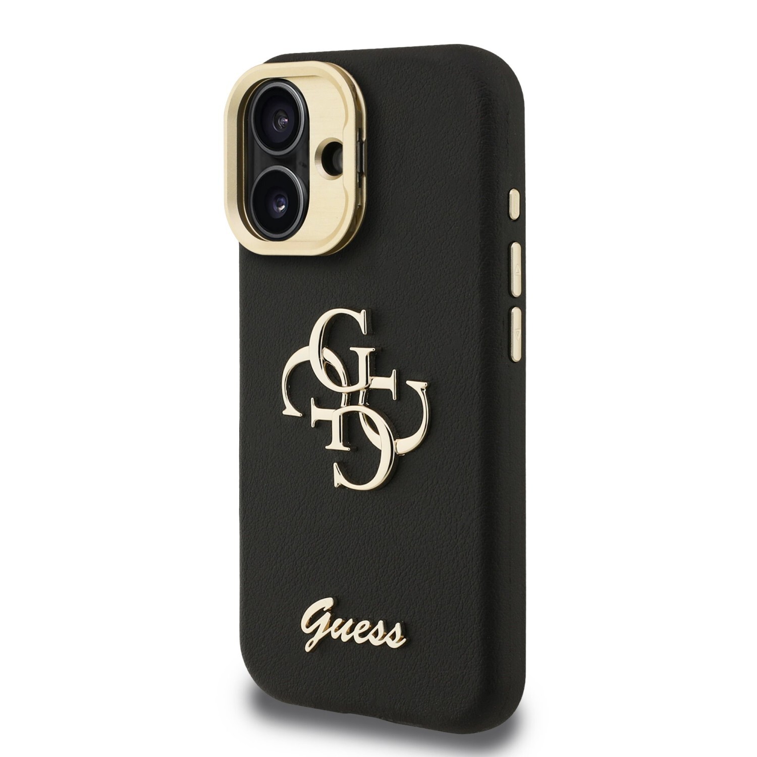 Zadní kryt Guess PU Grained 4G Logo Stand Camera Frame pro Apple iPhone 16, černá