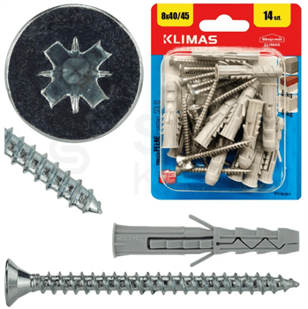 Sada hmoždinka KRX 8x40m a šroub PZ 4x45mm, blistr 14ks