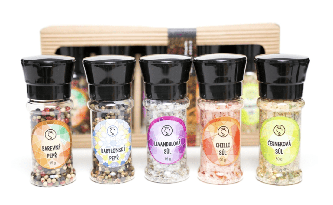 Dárková sada pěti mlýnků pepře a soli