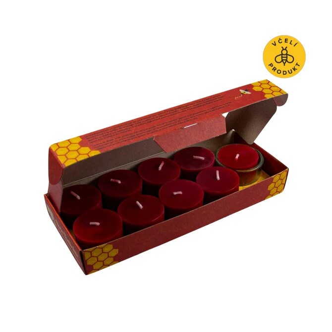 Kerzenfarm Sada čajových svíček ze včelího vosku (9 ks + stojánek) bezobalové, červené