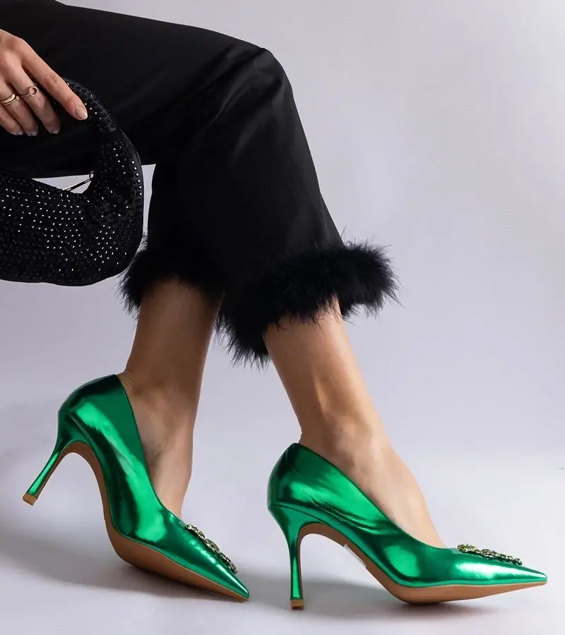 marka niezdefiniowana Green patent stilettos adorned with rhinestones Almana