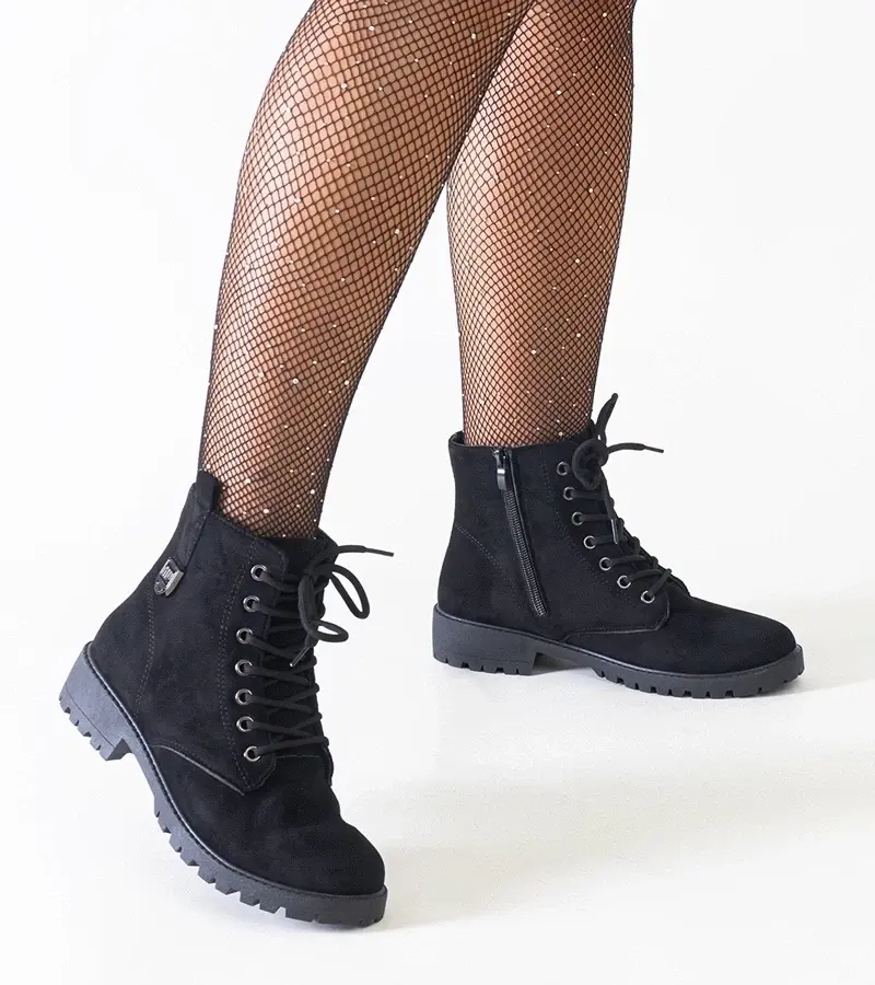 marka niezdefiniowana Black eco-suede worker ankle boots on a platform Madana