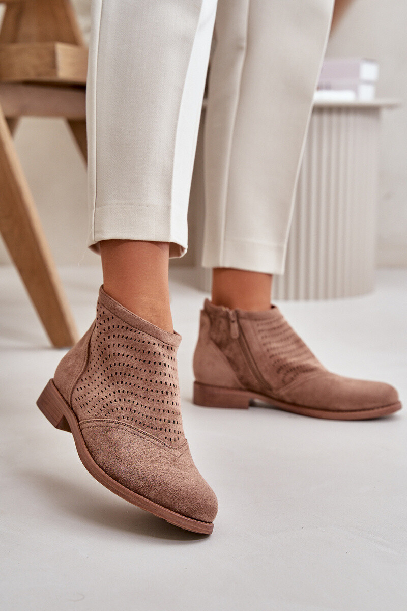 S. BARSKI Dámské Botky Na Plochém Podpatku Perforované Hnědé S.Barski