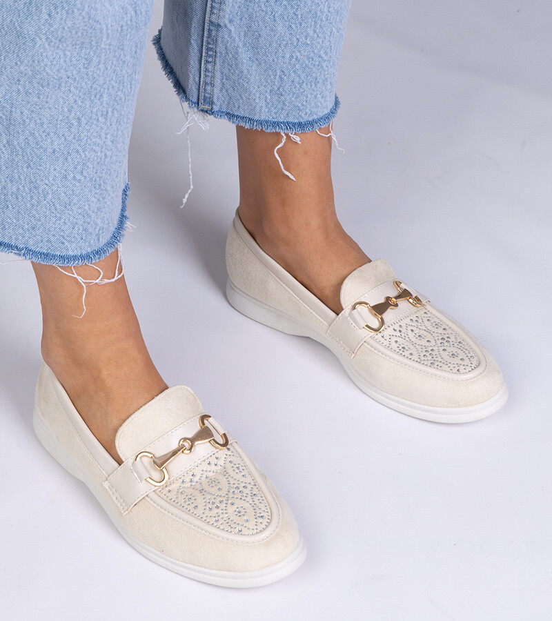 marka niezdefiniowana Beige suede loafers with rhinestones Minilla