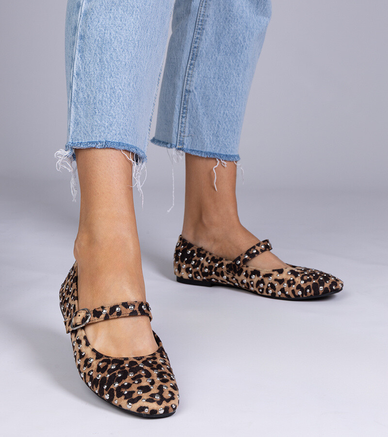 marka niezdefiniowana Leopard ballerinas with studs and buckle Salos