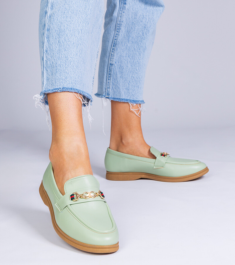 marka niezdefiniowana Green loafers with gold decoration Feola