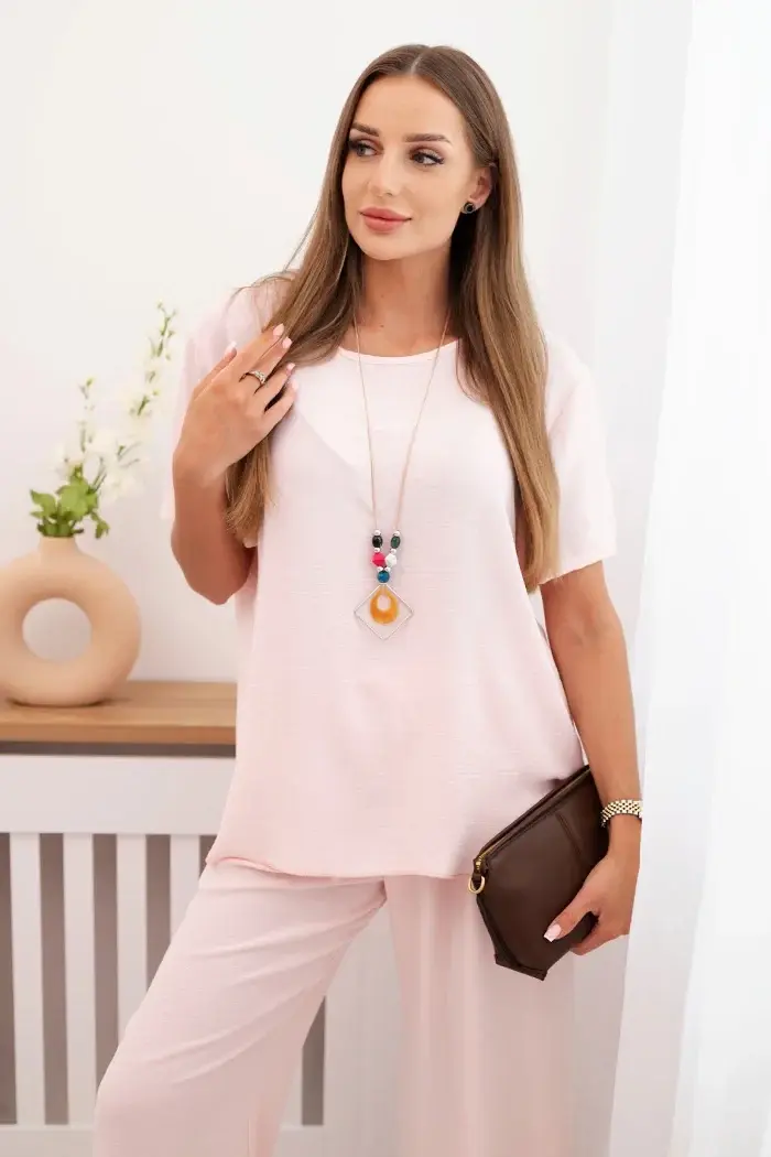 Kesi Włoski Dámský komplet s volnou halenkou a širokými nohavicemi pudrově růžová