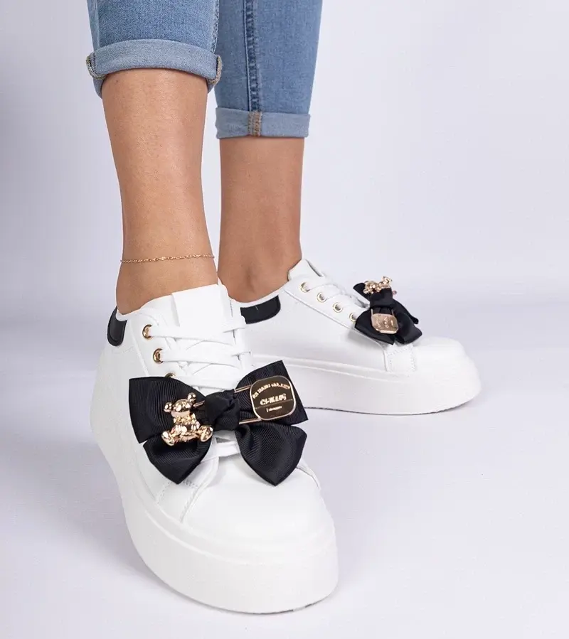 marka niezdefiniowana Black sneakers decorated with a bow and gold teddy Karinka