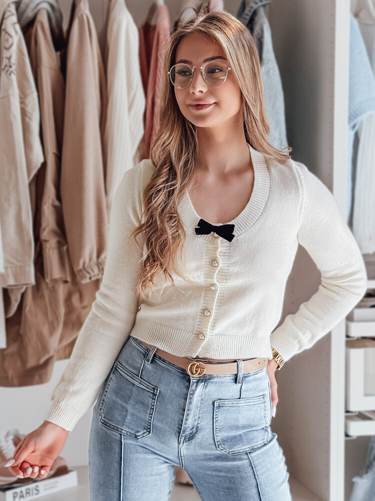 Sweter damskie krótki one size z kokardką LAMURE ecru Dstreet