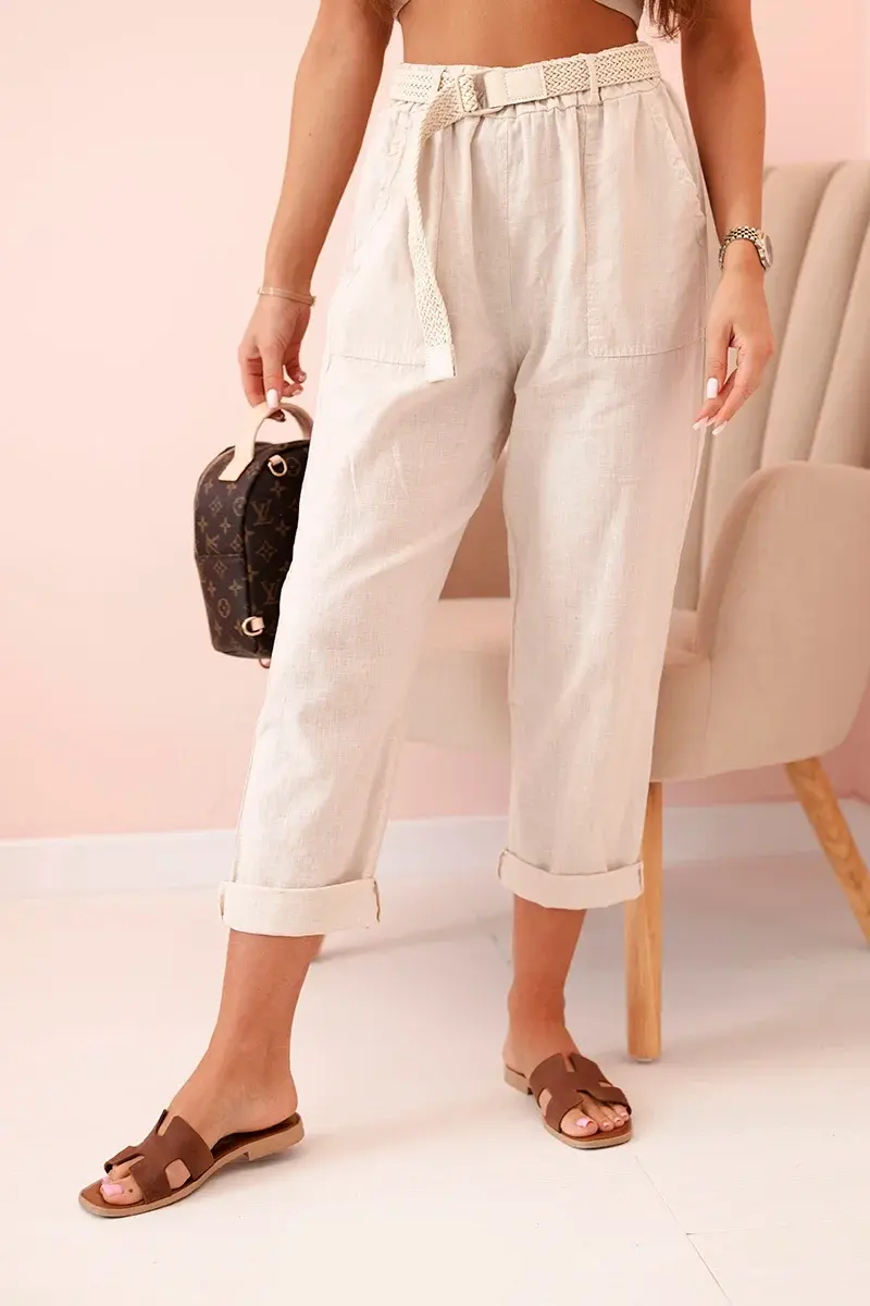 Kesi Włoski Dámské lněné kalhoty s bavlnou a páskem béžové