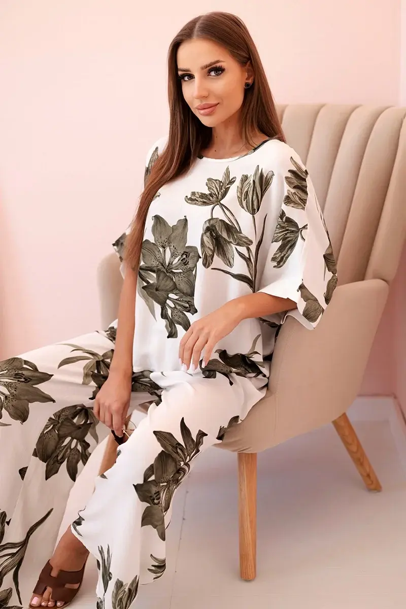 Kesi Włoski Oversize dámský komplet z viskózy s květinovým vzorem khaki