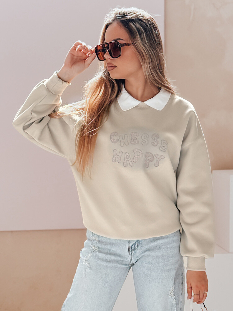Bluza damska oversize z nadrukiem HAPIRES cappuccino Dstreet