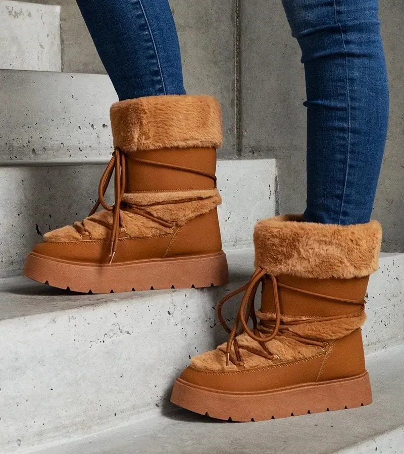 marka niezdefiniowana Brown insulated lace-up snow boots decorated with fur Istiss