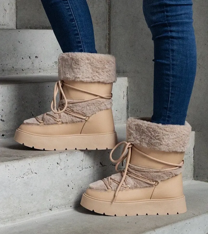 marka niezdefiniowana Beige insulated lace-up snow boots decorated with fur Istiss